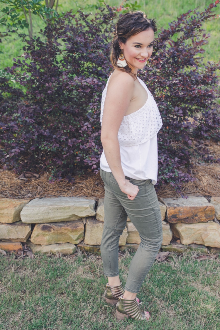 White one shoulder top + Olive green moto legging pants // Littles Style: Mom and Baby Fashion // fringe earrings from Heather Brown of MyLifeWellLoved.com