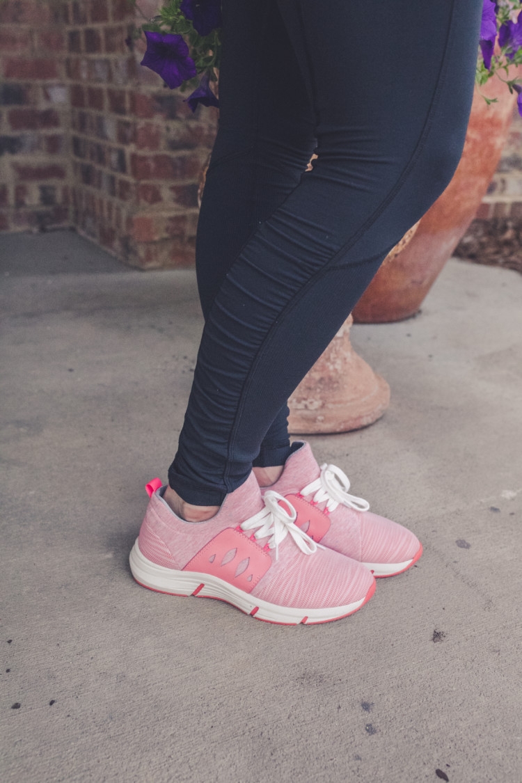 Pink Tennis Shoes and Leggings from Heather Brown of MyLifeWellLoved.com // kimono athleisure