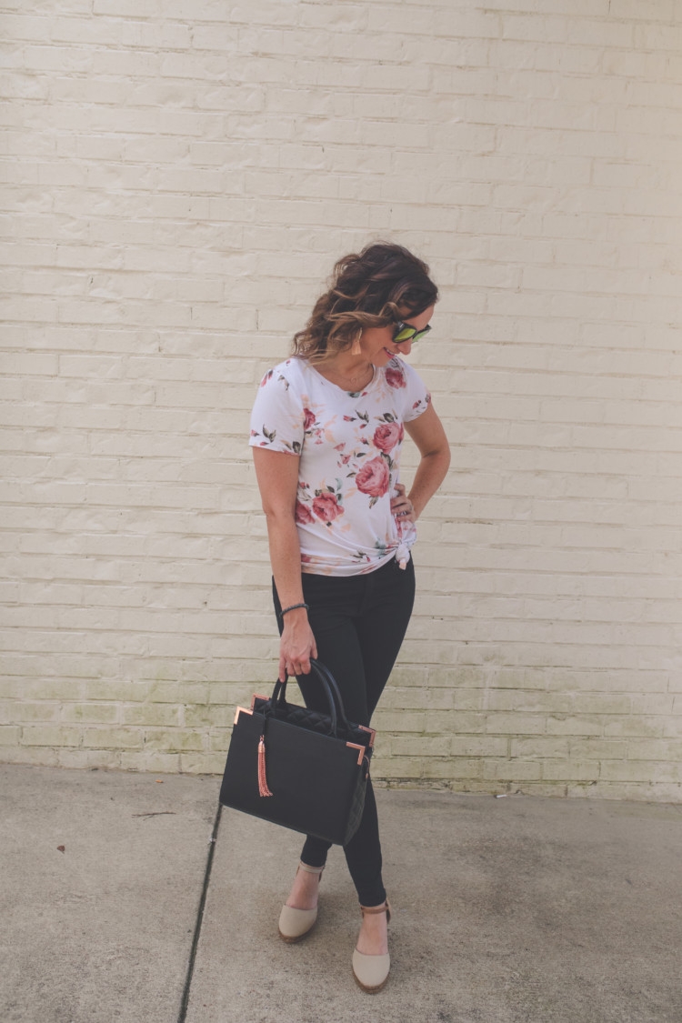 floral and denim mom fashion // jean jacket // black purse // black ripped denim from healthy lifestyle alabama blogger heather of mylifewellloved.com