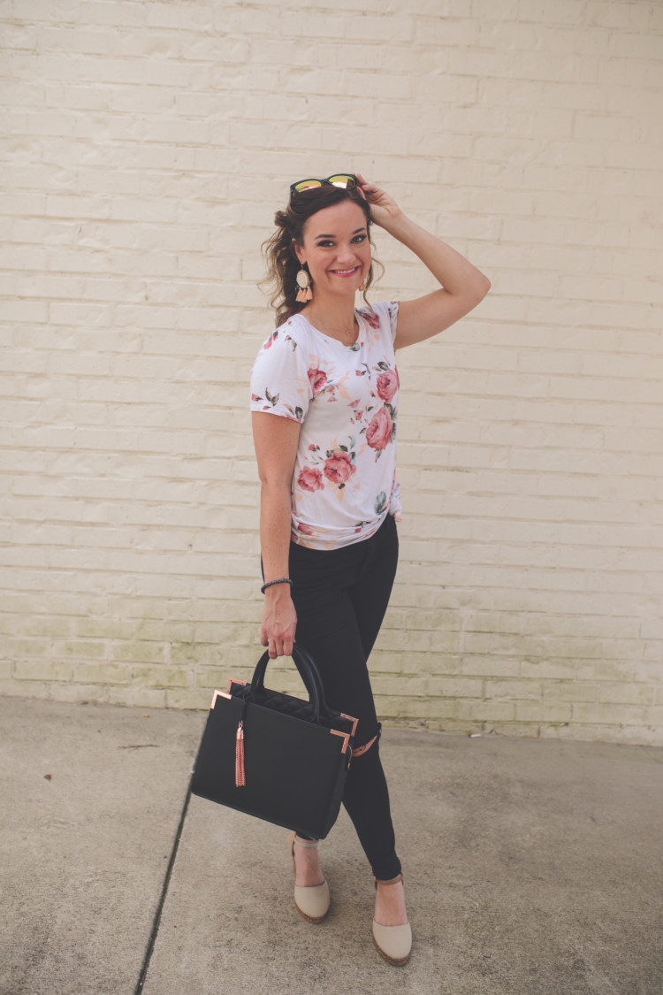 floral and denim mom fashion // jean jacket // black purse // black ripped denim from healthy lifestyle alabama blogger heather of mylifewellloved.com