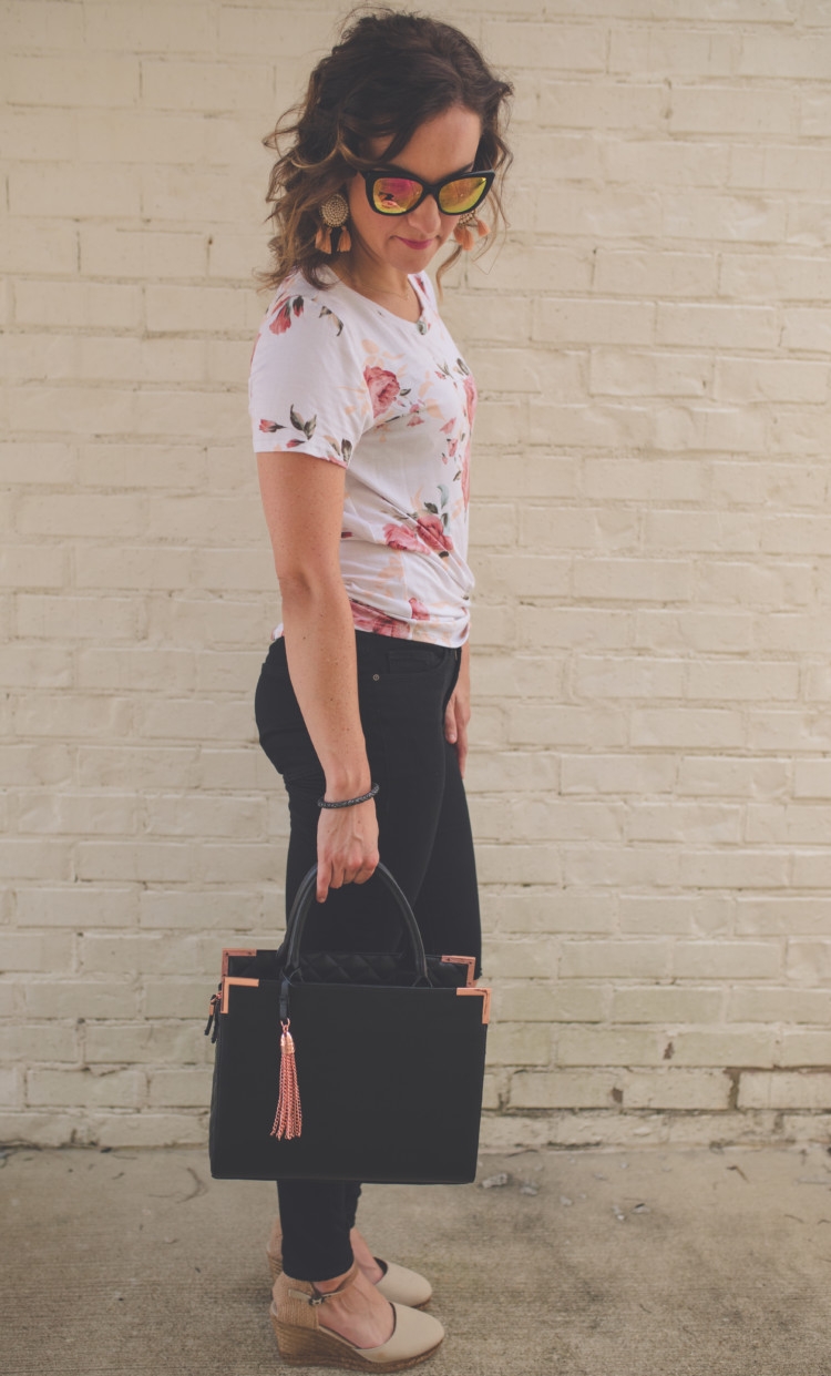 floral and denim mom fashion // jean jacket // black purse // black ripped denim from healthy lifestyle alabama blogger heather of mylifewellloved.com