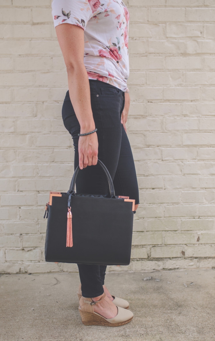 floral and denim mom fashion // jean jacket // black purse // black ripped denim from healthy lifestyle alabama blogger heather of mylifewellloved.com