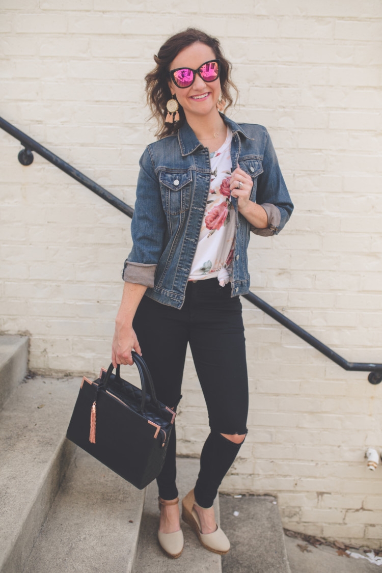 floral and denim mom fashion // jean jacket // black purse // black ripped denim from healthy lifestyle alabama blogger heather of mylifewellloved.com