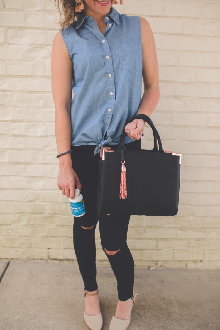 Mom Energy: How to get it and achieve it from Alabama blogger Heather of MyLifeWellLoved.com / Biokare // Black Purse // Black ripped denim // Chambray Top // Tie Up Top // mom fashion // black purse