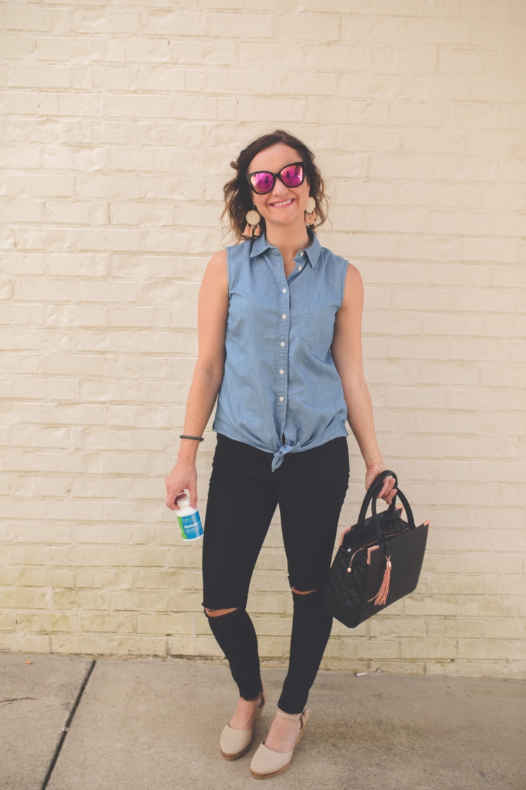 Mom Energy: How to get it and achieve it from Alabama blogger Heather of MyLifeWellLoved.com / Biokare // Black Purse // Black ripped denim // Chambray Top // Tie Up Top // 