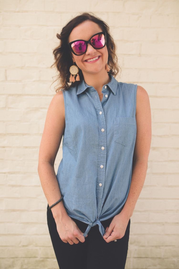 Mom Energy: How to get it and achieve it from Alabama blogger Heather of MyLifeWellLoved.com / Biokare // Black Purse // Black ripped denim // Chambray Top // Tie Up Top // Diff Sunglasses