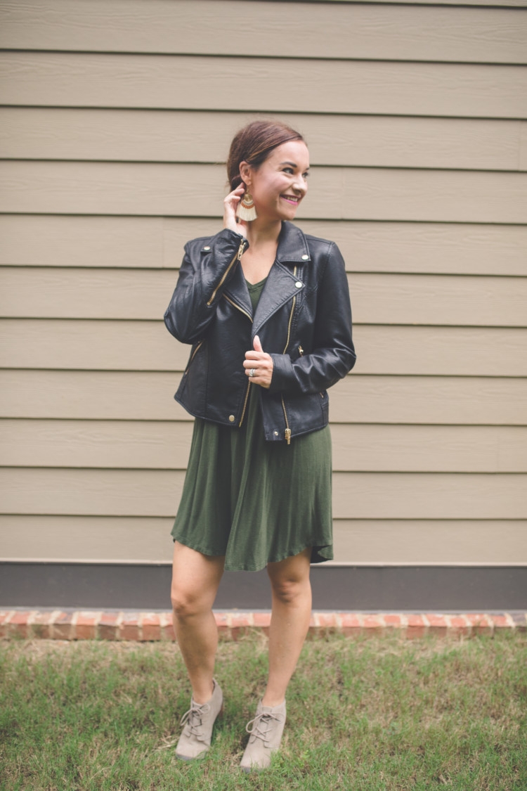 fall Mom Friendly Fall Outfit Ideas // mom fashion from Heather of MyLifeWellLoved.com // leather jacket // fringe earrings // swing dress// toms shoes