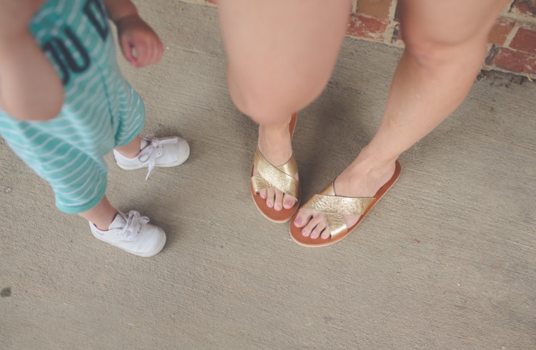 Boy Mom Style: Remedy Road Ethically Made Items Styled by Heather Brown of MyLifeWellLoved.com // Mom Fashion // Gold Slip On Sandals for summer