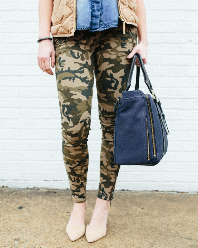 How to Style Camo two different ways from Heather Brown of MyLifeWellLoved.com // Camo Pants // Camo Dress style ideas // Camo Fashion // Mom Style // India Hicks Bag