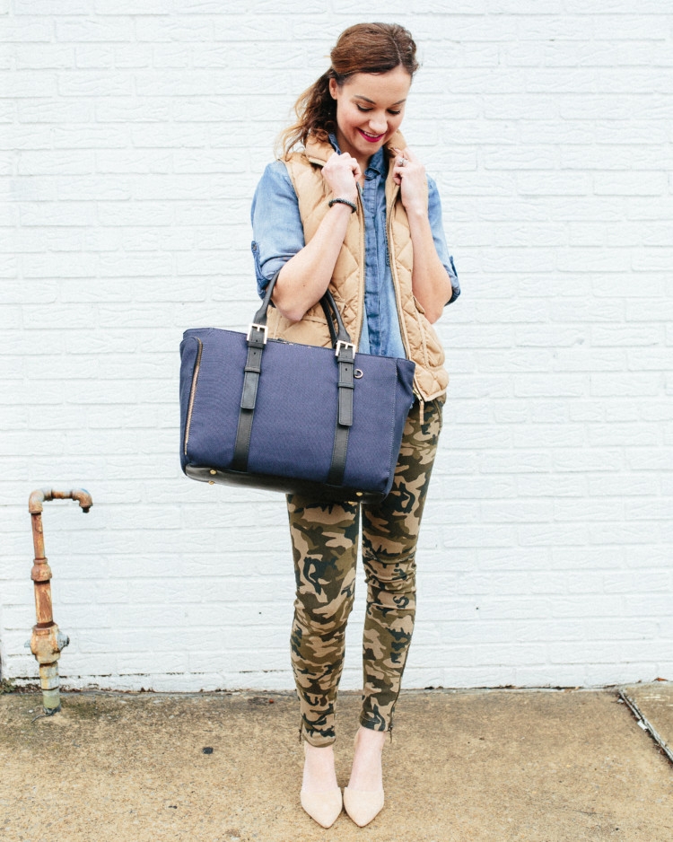 How to Style Camo two different ways from Heather Brown of MyLifeWellLoved.com // Camo Pants // Camo Dress style ideas // Camo Fashion // Mom Style // India Hicks Bag