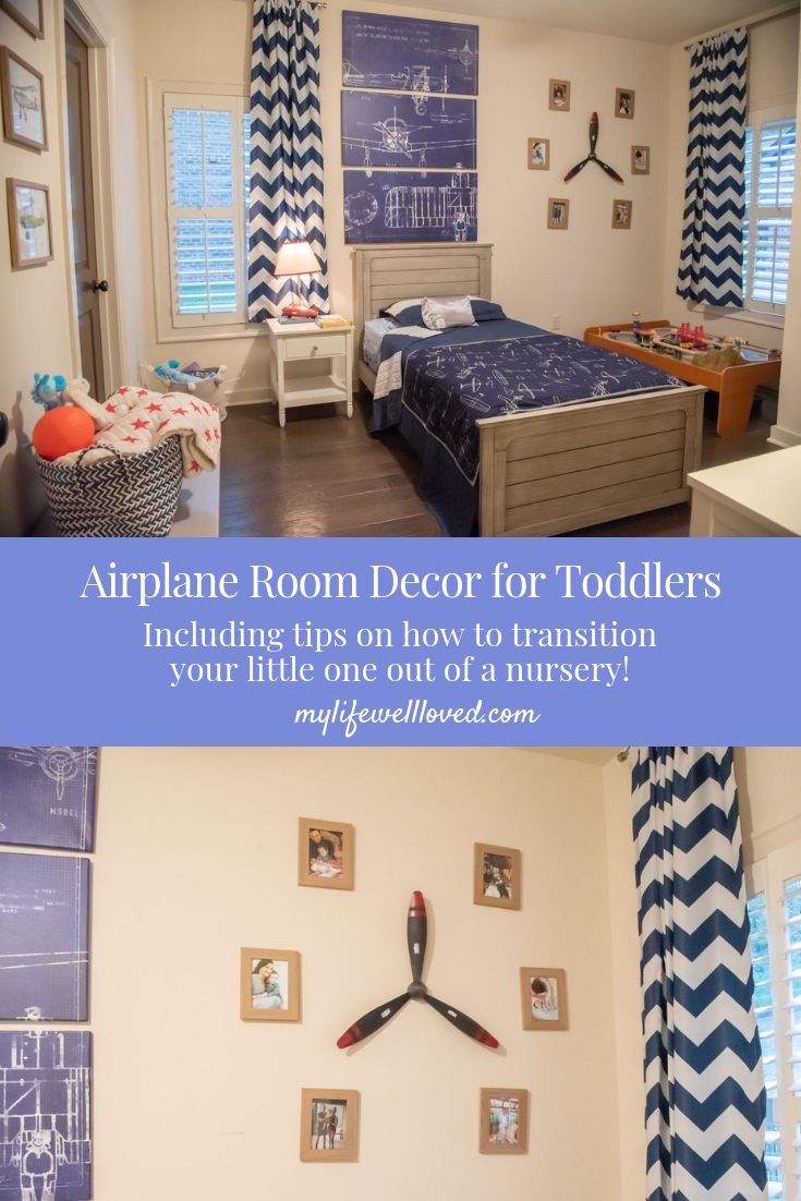 Big boy room reveal and tips for transitioning your toddler to a big kid room by Heather at mylifewellloved.com // #bigkidroom #toddlerroom #airplaneroom #nurserytransition