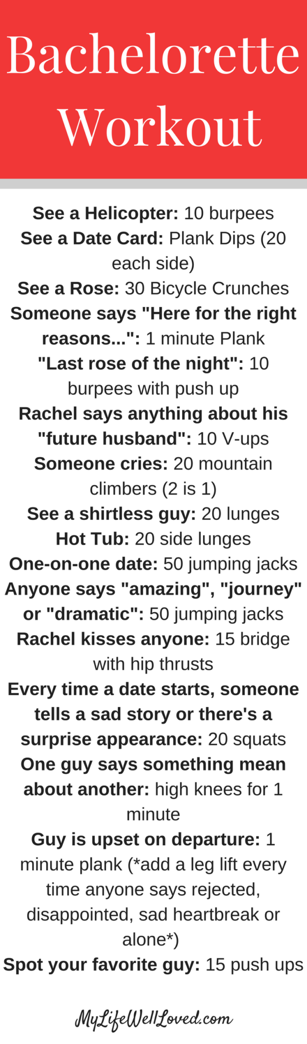 The Bachelorette Workout Game // The Bachelor Workout Game from Heather of MyLifeWellLoved.com // Bachelorette party ideas 