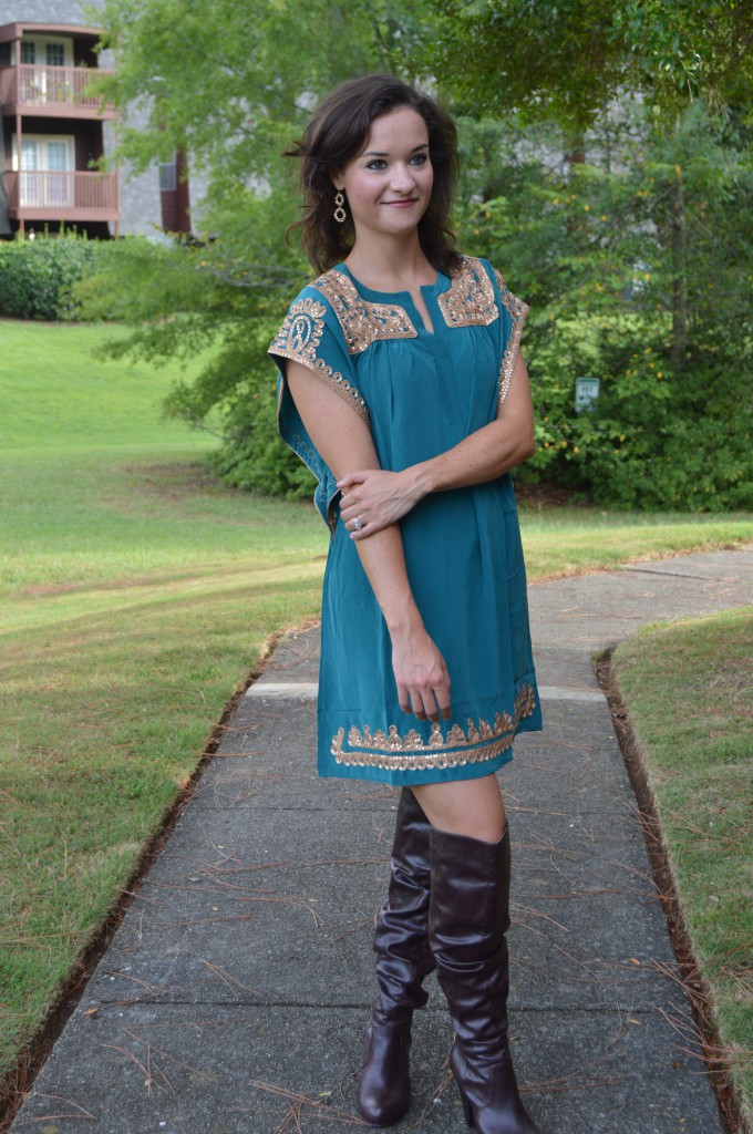 Fall green and over the knee brown boots