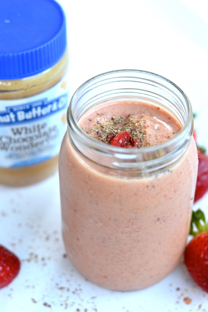 All Natural White Chocolate Peanut Butter Strawberry Smoothie with Goji Berries and Flaxseed