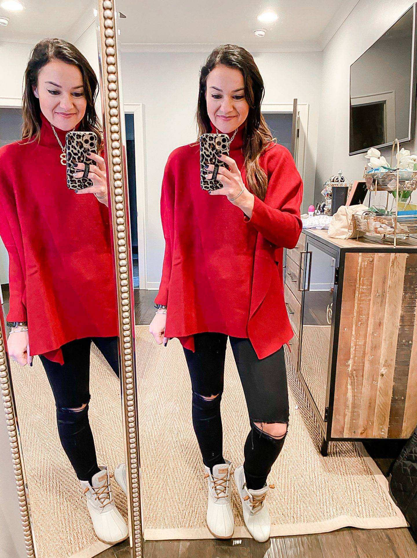 Red sweater, ripped jeans, and white boots