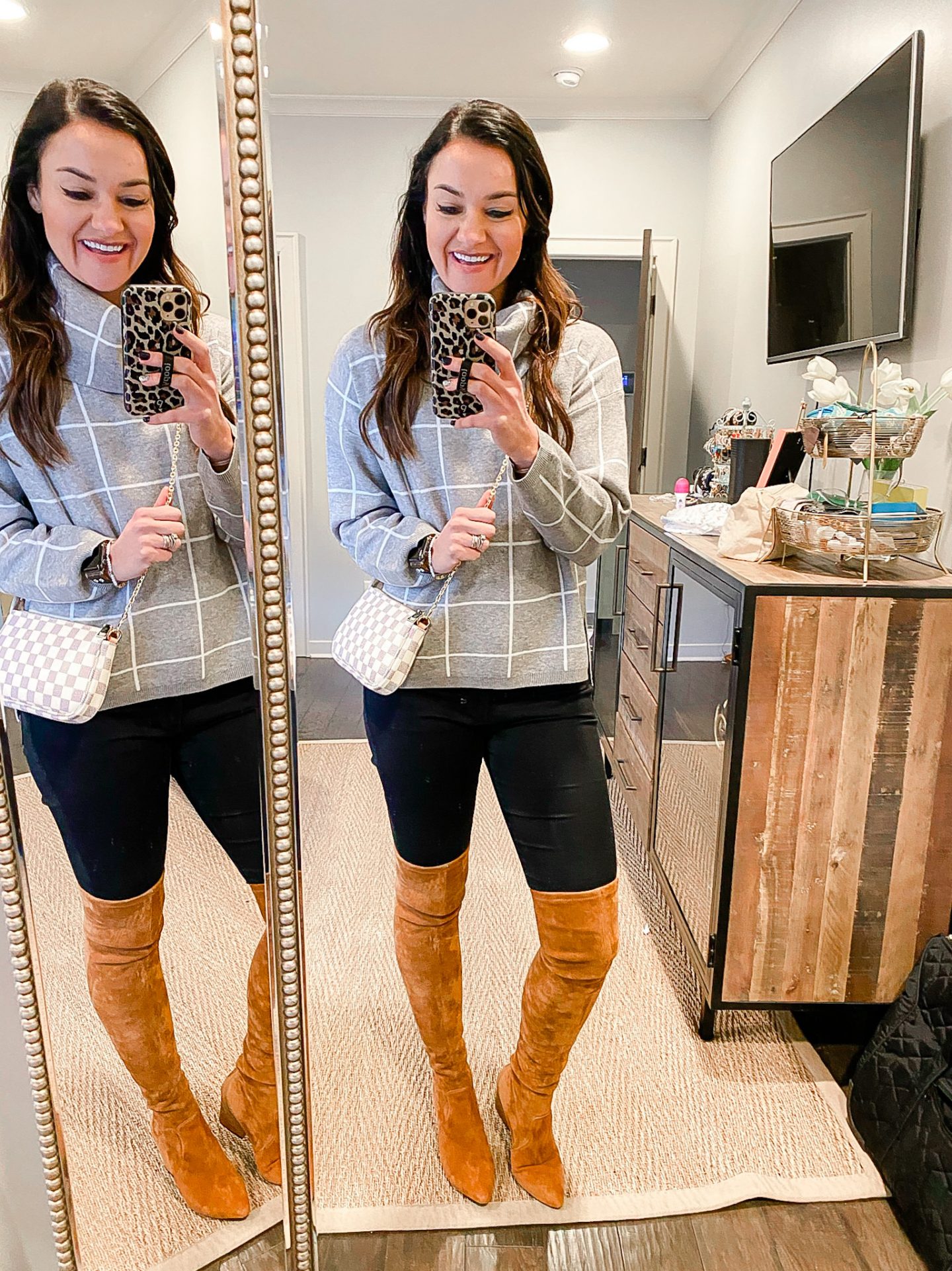 Gray turtleneck and over the knee boots