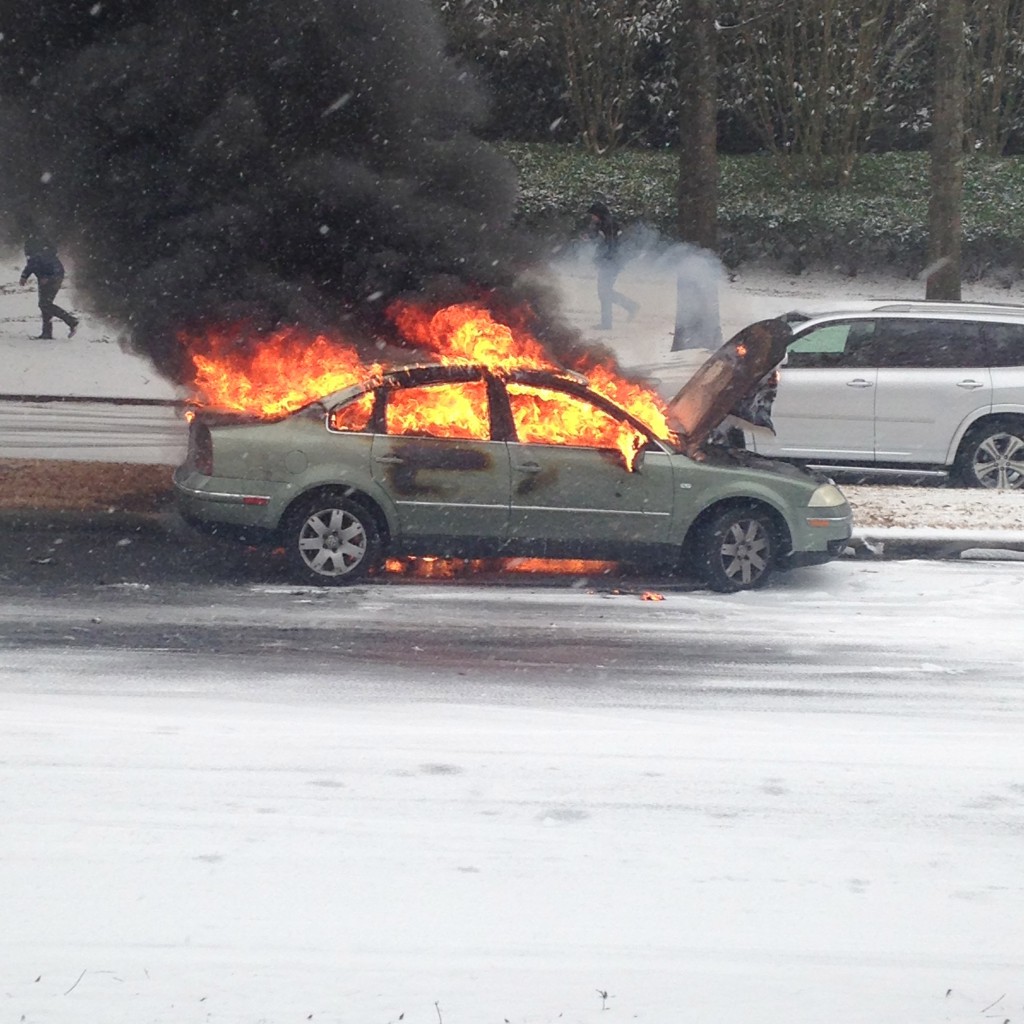 Car on Fire in Birmingham Snow Storm 2014