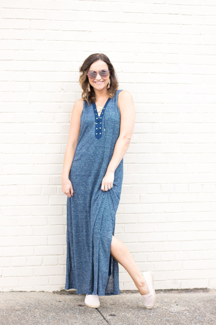 Striped Maxi Dress from Alabama Blogger Heather of MyLifeWellLoved.com // Statement earrings with maxi dress // mom style