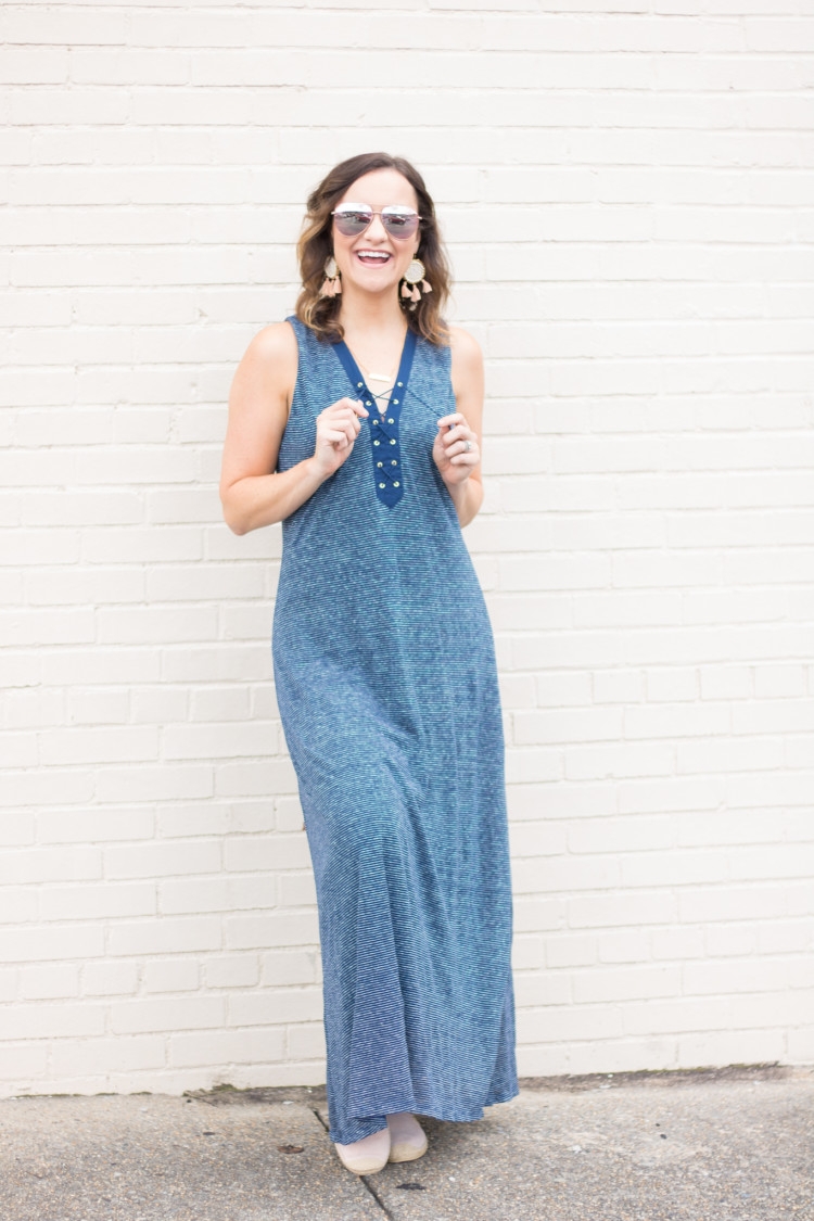 Striped Maxi Dress from Alabama Blogger Heather of MyLifeWellLoved.com // Statement earrings with maxi dress // mom style