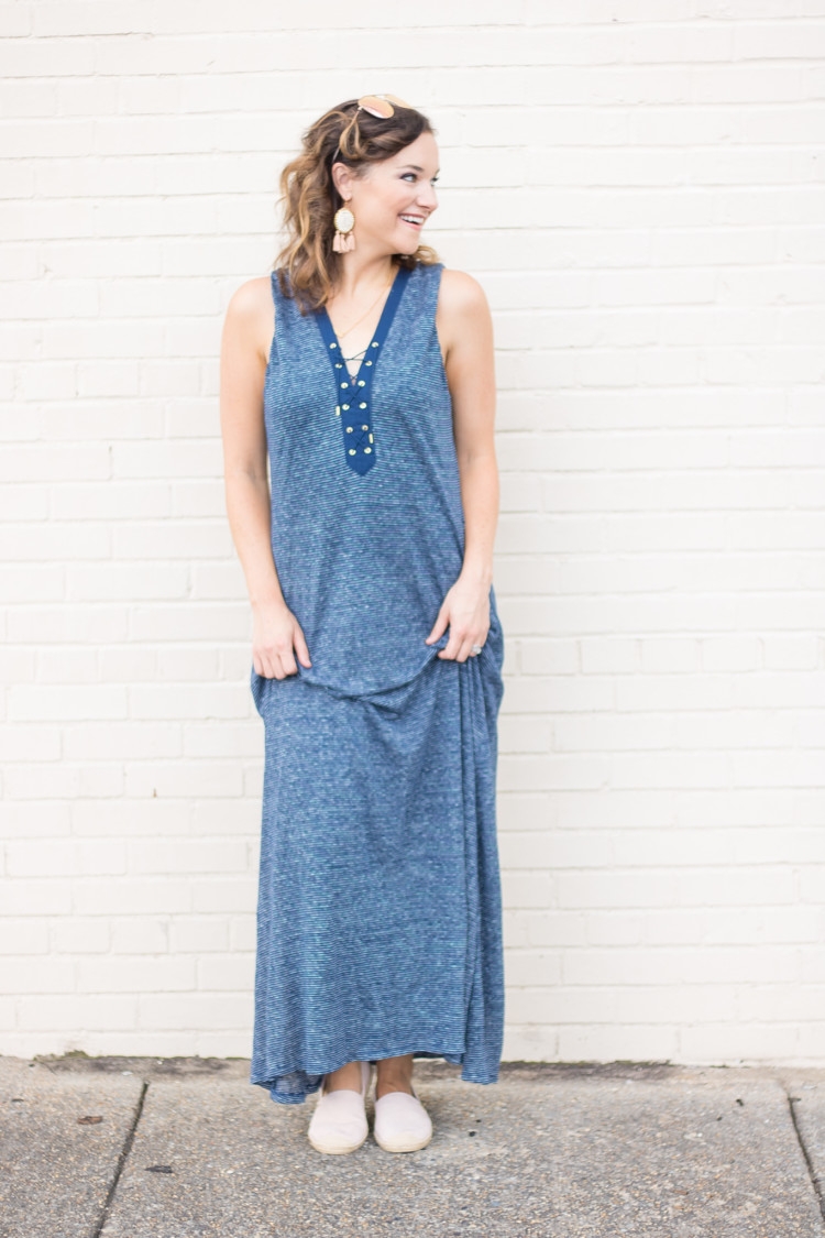 Striped Maxi Dress from Alabama Blogger Heather of MyLifeWellLoved.com // Statement earrings with maxi dress // mom style / pink flat shoes for women