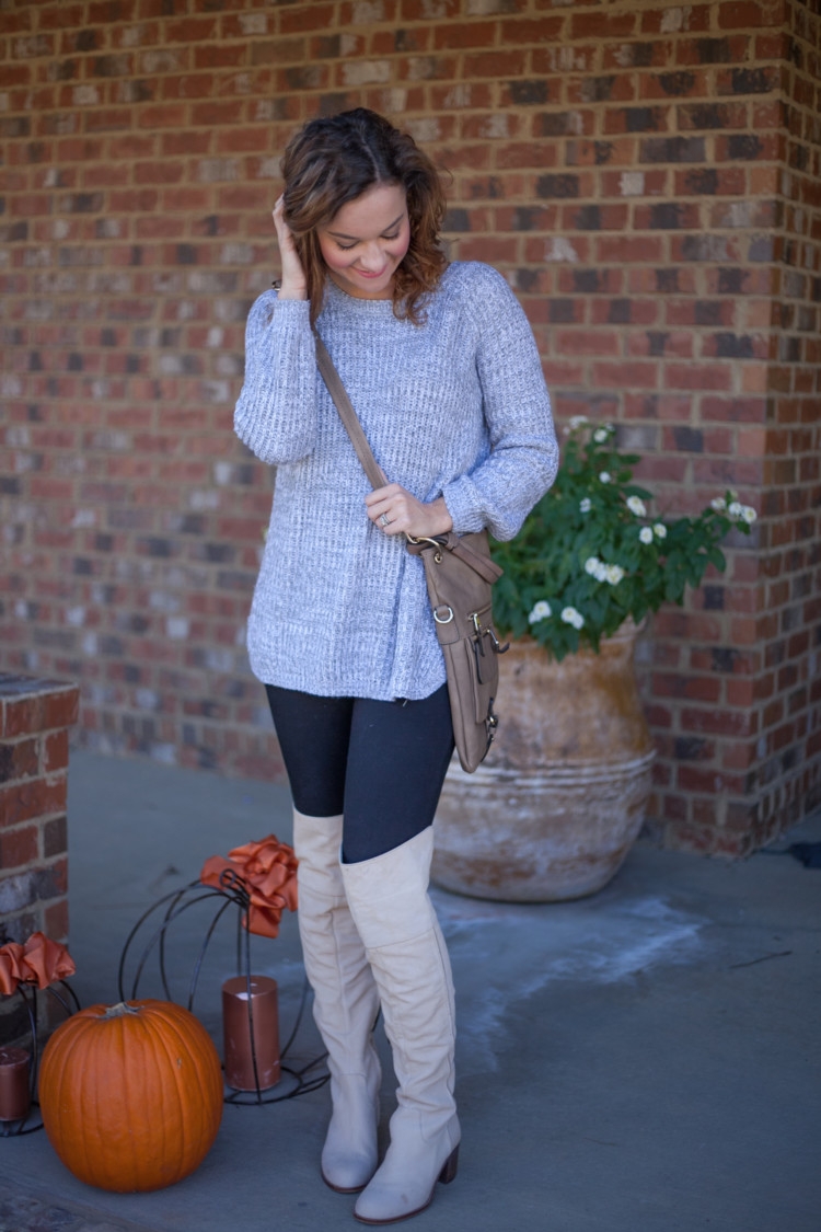 Gray Sweater, Over the Knee Boots styled by mom fashion blogger Heather Brown of MyLifeWellLoved.com