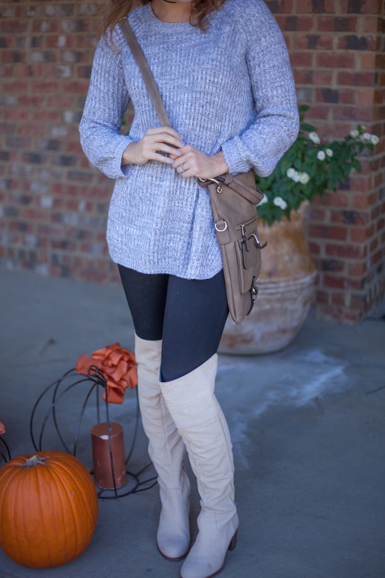 Gray Sweater, Over the Knee Boots styled by mom fashion blogger Heather Brown of MyLifeWellLoved.com