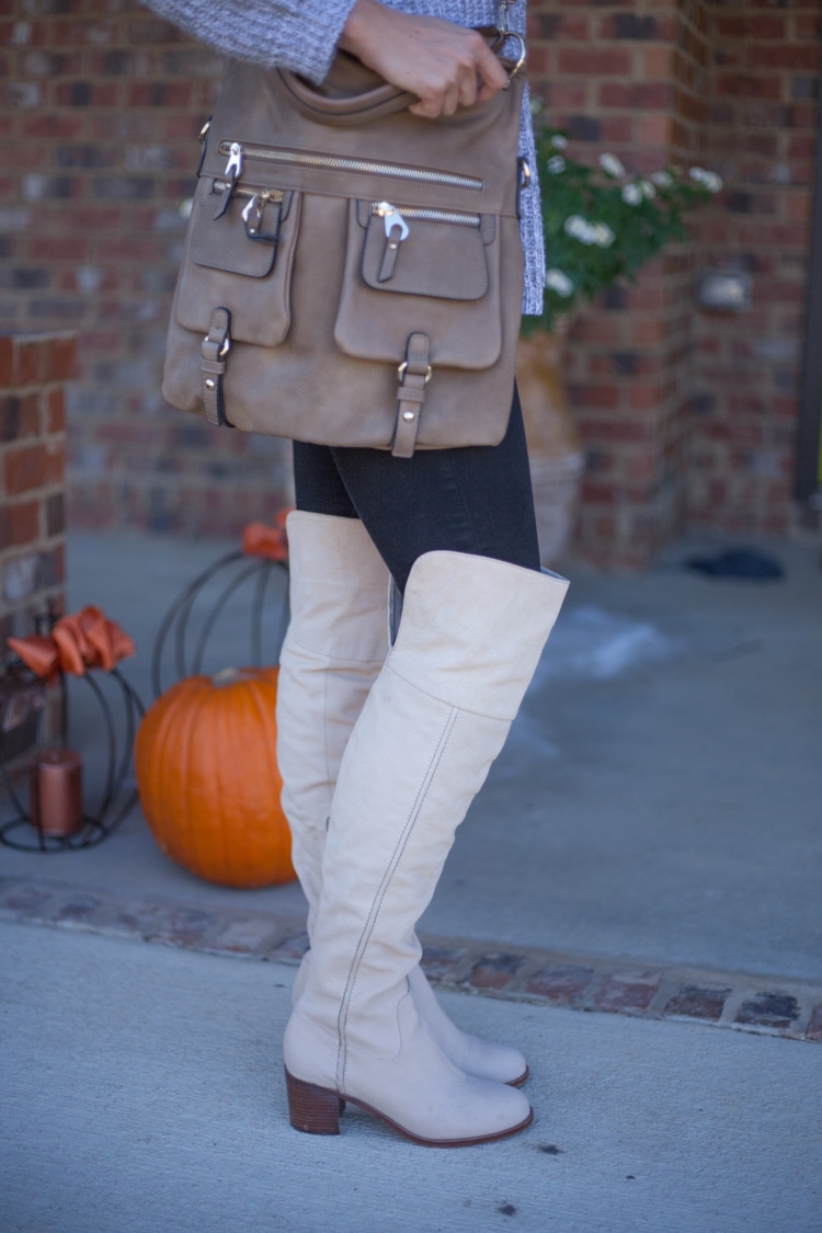 OTK Boots for Mom Fashoin: Littles Style: Gray Sweater, Over the Knee Boots styled by mom fashion blogger Heather Brown of MyLifeWellLoved.com