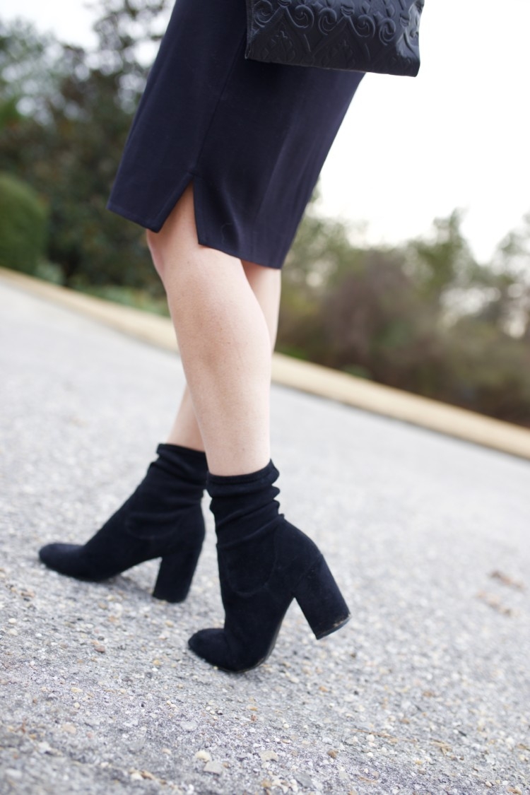 Black Sock Booties //Christmas Eve Service Outfit Idea // Cute Winter Church Ideas from Alabama Blogger, Heather of MyLifeWellLoved.com // Church Dress Ideas // Hobo Wallet // Hobo Clutch Purse