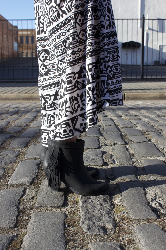 Black Booties with Aztec Print Skirt