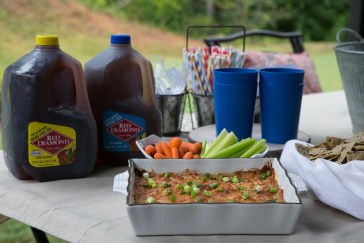 Delicious & Lightened Up BBQ Chicken Dip by Alabama health blogger My Life Well Loved // Football Tailgate recipe // Barbecue Chicken Dip Appetizer // Appetizer Recipe // Red Diamond Tea // Tailgating Set Up