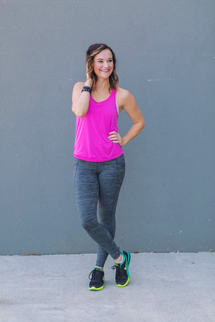 Athleisure Clothes: Hot Pink tank top & gray criss cross workout pants from Heather of MyLifeWellLoved.com // Nike shoes // athleisure OOTD // Pure Barre clothes // what to wear to Pure Barre