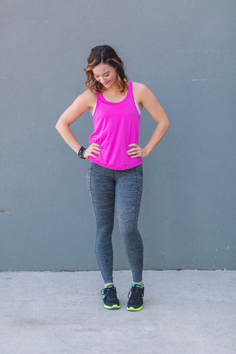 Athleisure Clothes: Hot Pink tank top & gray criss cross workout pants from Heather of MyLifeWellLoved.com // Nike shoes // athleisure OOTD // Pure Barre clothes // What to wear to pure barre