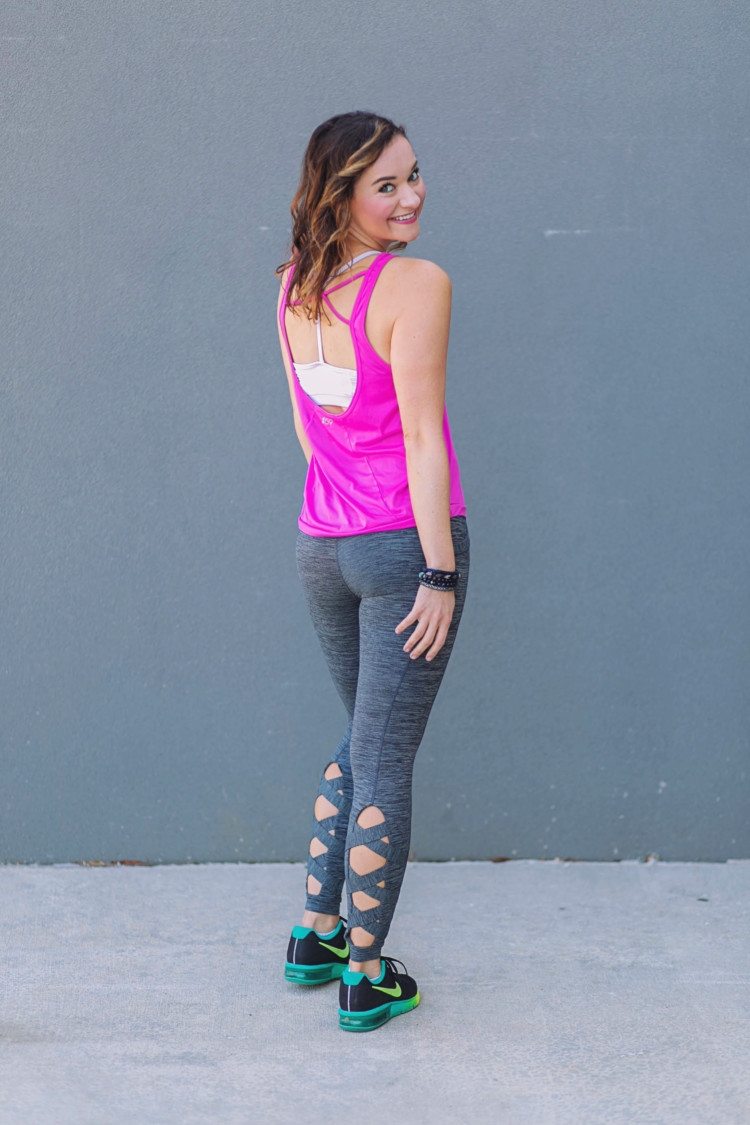 Athleisure Clothes: Hot Pink tank top & gray criss cross workout pants from Heather of MyLifeWellLoved.com // Nike shoes // athleisure OOTD // Pure Barre clothes //