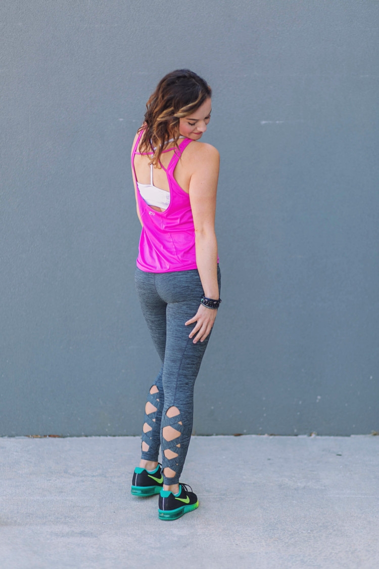 Athleisure Clothes: Hot Pink tank top & gray criss cross workout pants from Heather of MyLifeWellLoved.com // Nike shoes // athleisure OOTD // Pure Barre clothes //