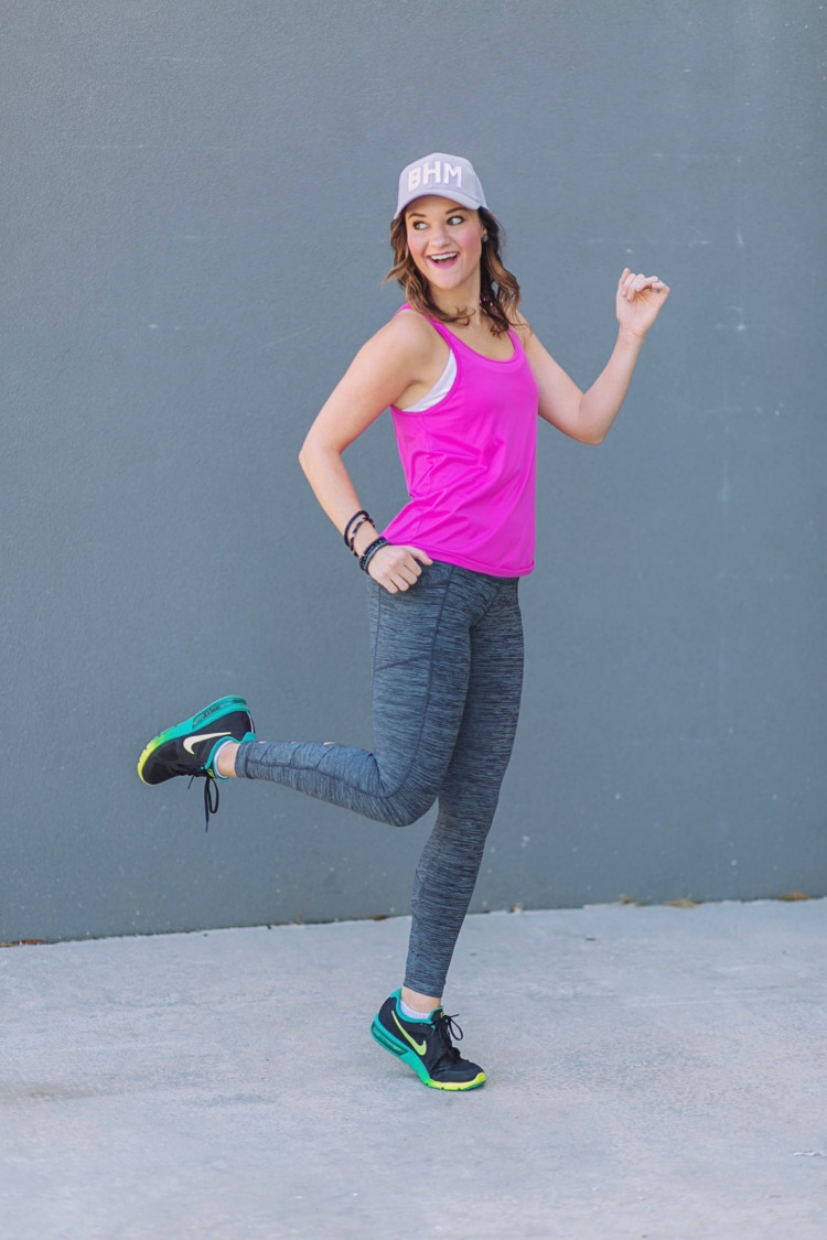 Athleisure Clothes: Hot Pink tank top & gray criss cross workout pants from Heather of MyLifeWellLoved.com // Nike shoes // athleisure OOTD // Pure Barre clothes // Aviate Birmingham Hats // BHM hat // Birmingham blogger