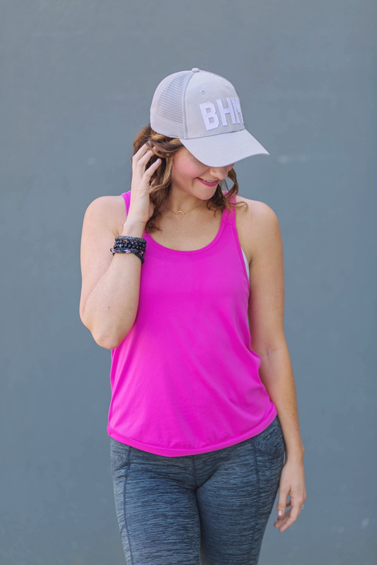 Athleisure Clothes: Hot Pink tank top & gray criss cross workout pants from Heather of MyLifeWellLoved.com // Nike shoes // athleisure OOTD // Pure Barre clothes // Aviate Birmingham Hats // BHM hat // Birmingham blogger