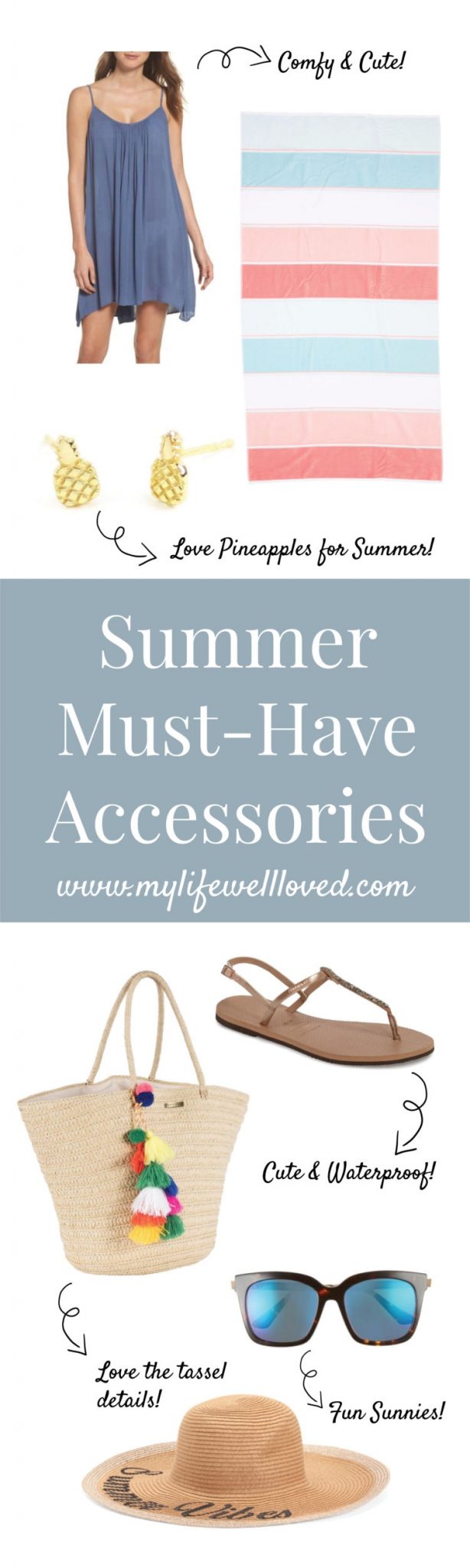 Summer Beach Accessories to make you look stylish whether you're at the pool, lake, or beach! Great vacation fashion finds for the trendy mom on the go from alabama blogger Heather of MyLifeWellLoved.com