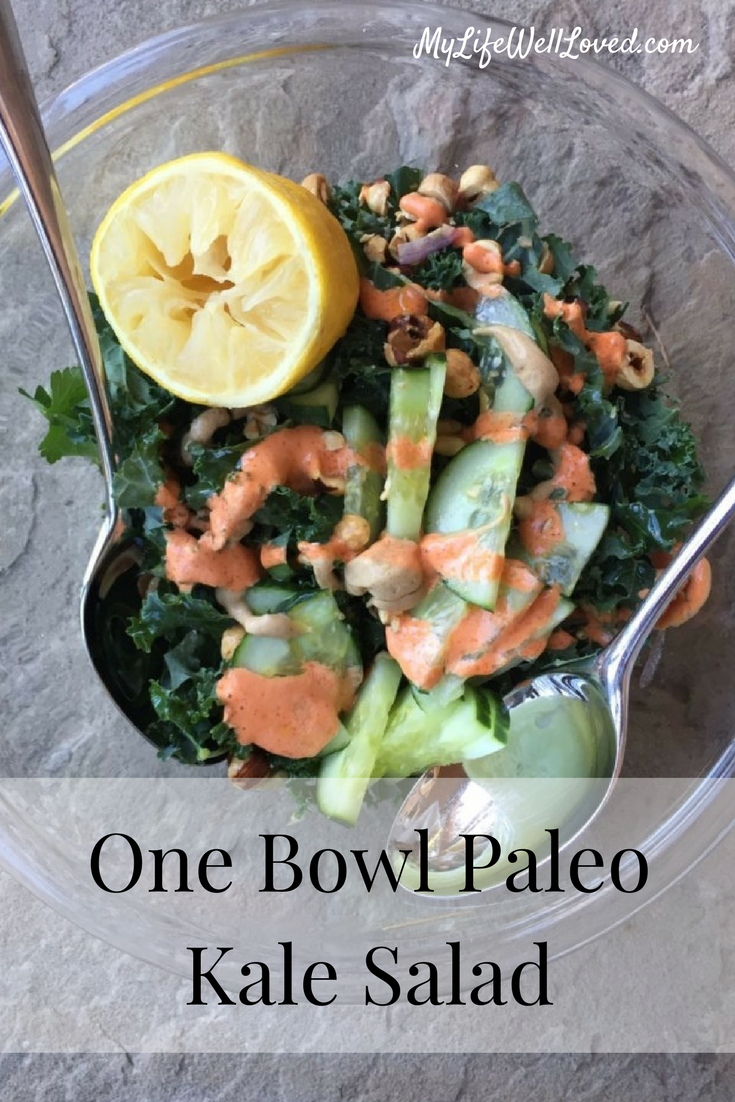 Whole 30 One Bowl Kale Salad from Heather Brown of MyLifeWellLoved.com // Salad Recipe // Kale Salad Lunch Recipe