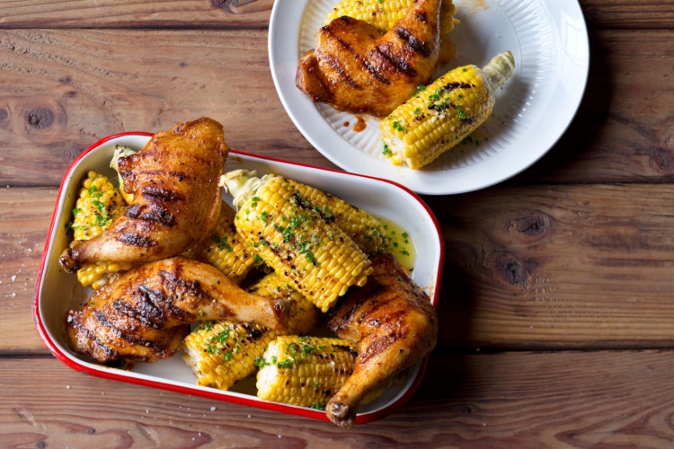 Great for Tailgating! Grilled Chicken and Corn on the Cob with Chive Butter 