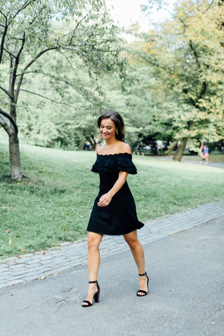 Where to Stay in NYC // New York Fashion Week Hotel Hayden // Central Park Photo Shoot with Alabama blogger Heather of MYLifeWellLoved.com // Black off the shoulder dress // studded heels
