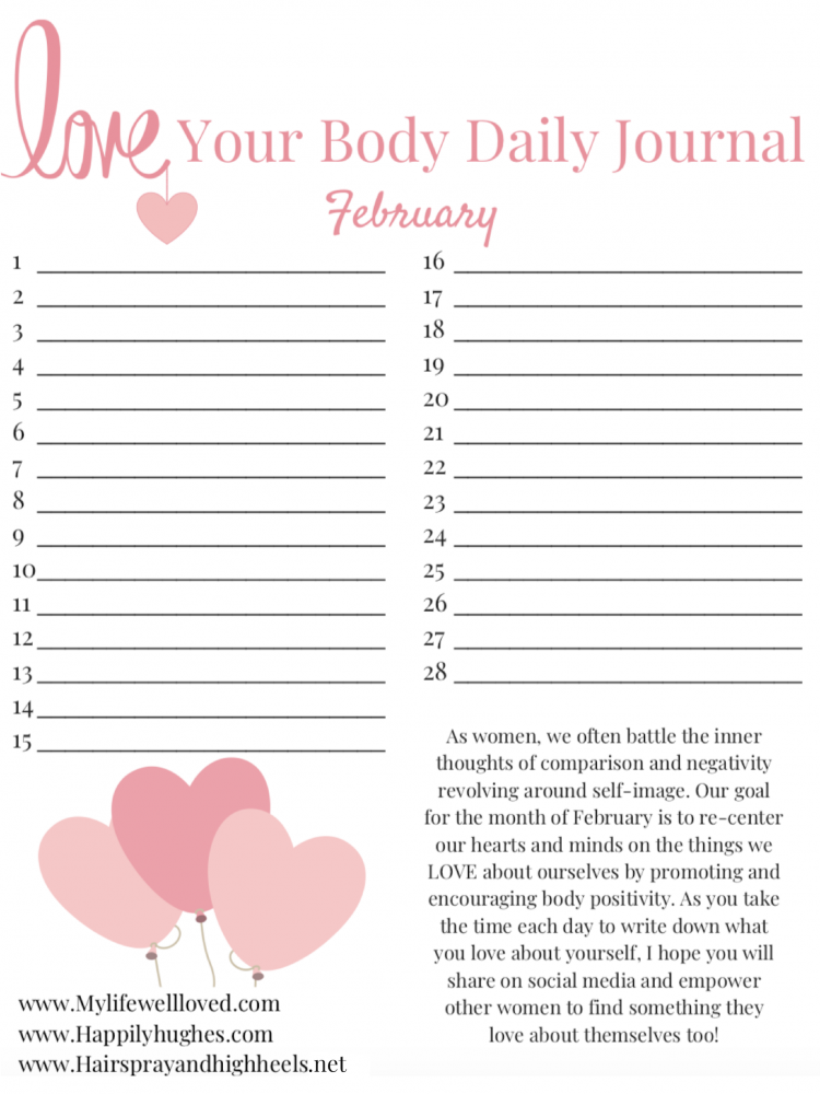 Body positivity printable by healthy life + style blogger Heather Brown at My Life Well Loved // #Februaryprintable #February #bodypositivity #selfcare