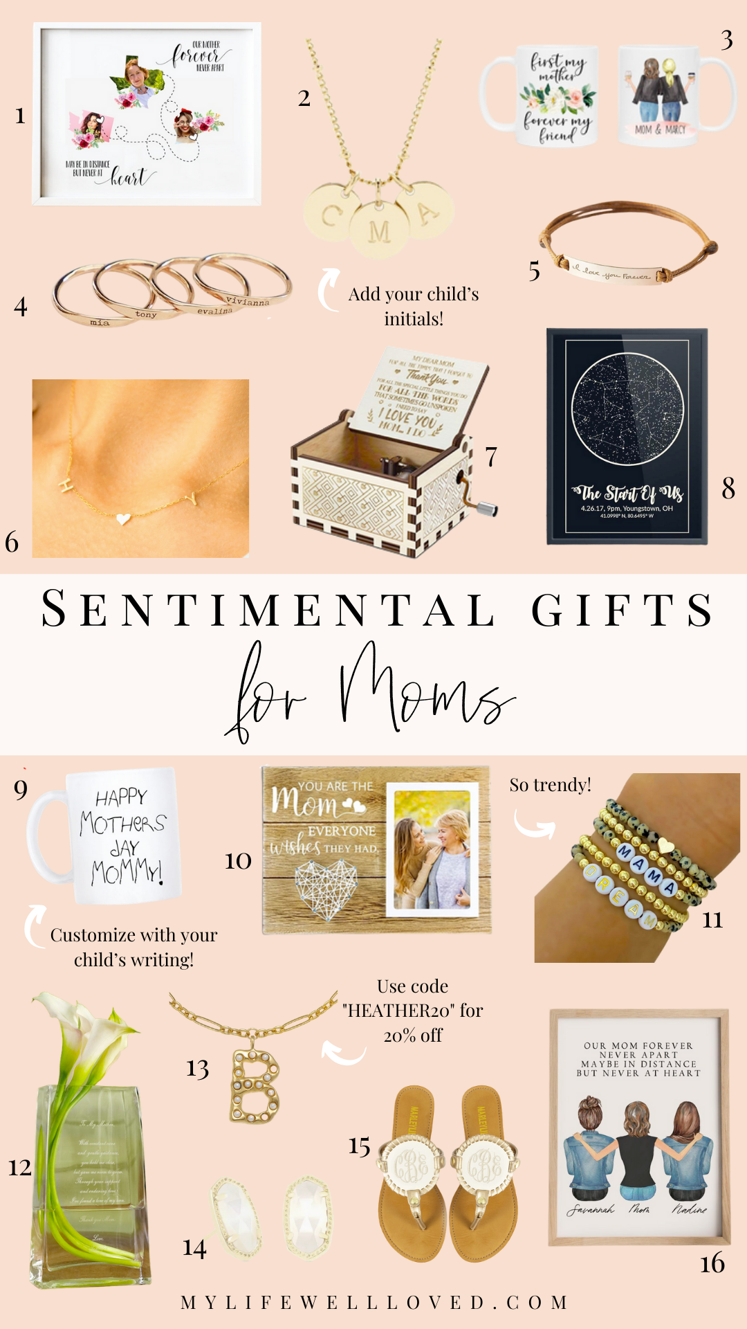 Mom + lifestyle blogger, My Life Well Loved, shares sentimental gifts for moms! Click NOW to see what ideas she came up with!